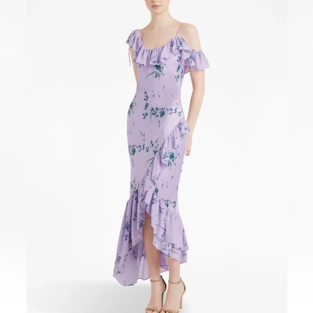Cinq à Sept Purple Asymmetrical Off-Shoulder Dress
